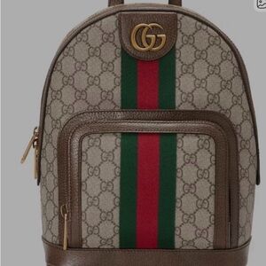 Gucci Monogram Backpack with Gold and Red Accents
